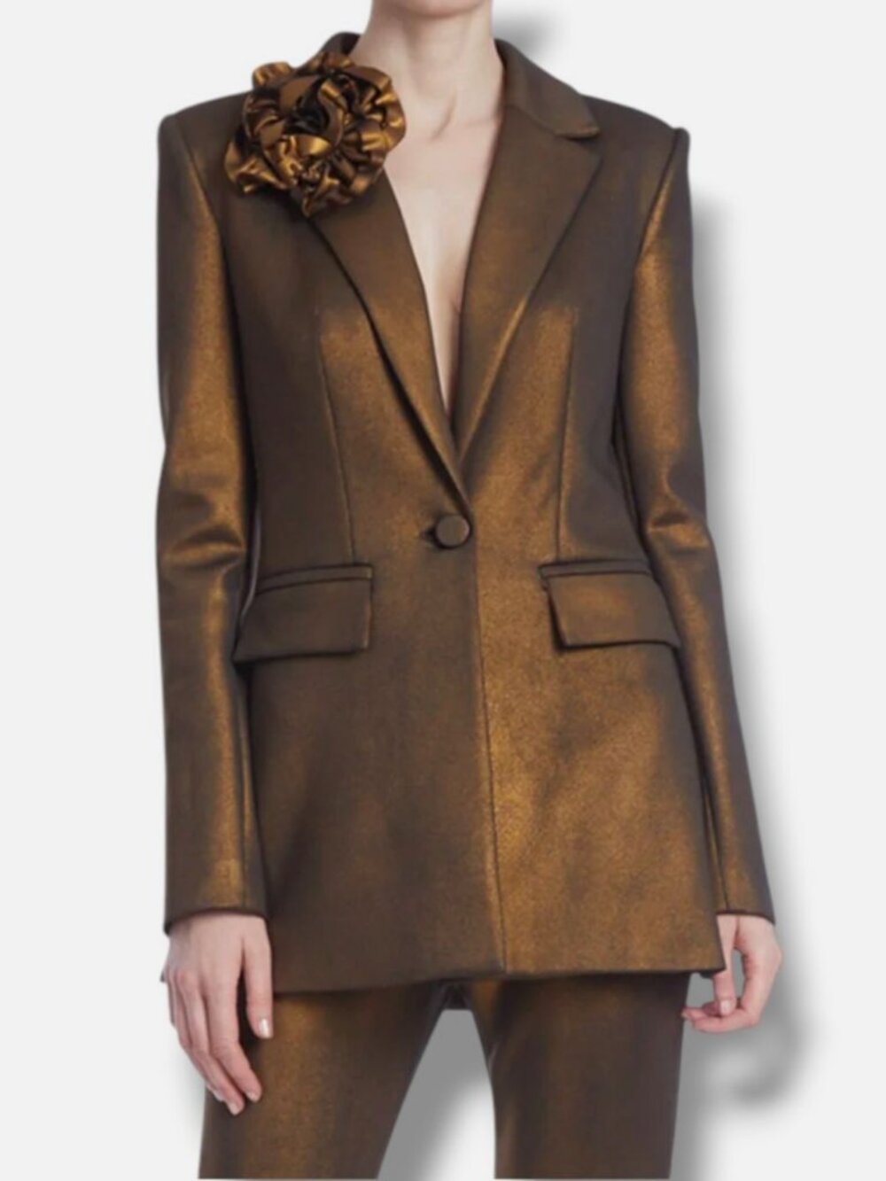 Badgley Mischka Women's Brown Relaxed Fit One-Button Foiled Scuba Jacket Size 2